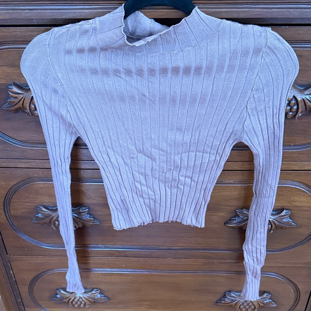 Double Zero Ribbed Cowl Neck Sweater - Light Brown